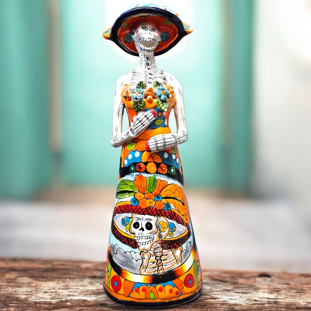 Talavera Day of the Dead Catrina Figurine 12" Handcrafted Mexican Folk Art